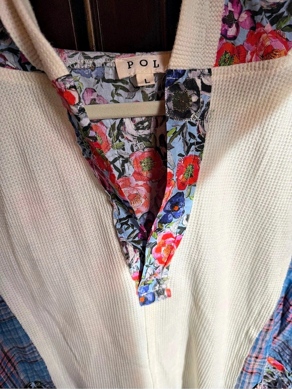 POL Floral Plaid Long Sleeve Top in Blue & Cream 45Size Large - Picture 4 of 7